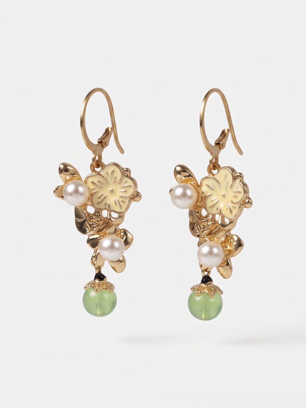 Gold Floral Pearl Drop Earrings with Green Bead